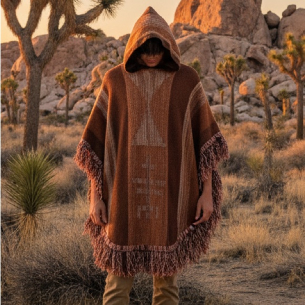 Vintage Handwoven Hooded Poncho Wool Blend Fringe Boho Southwestern Rust